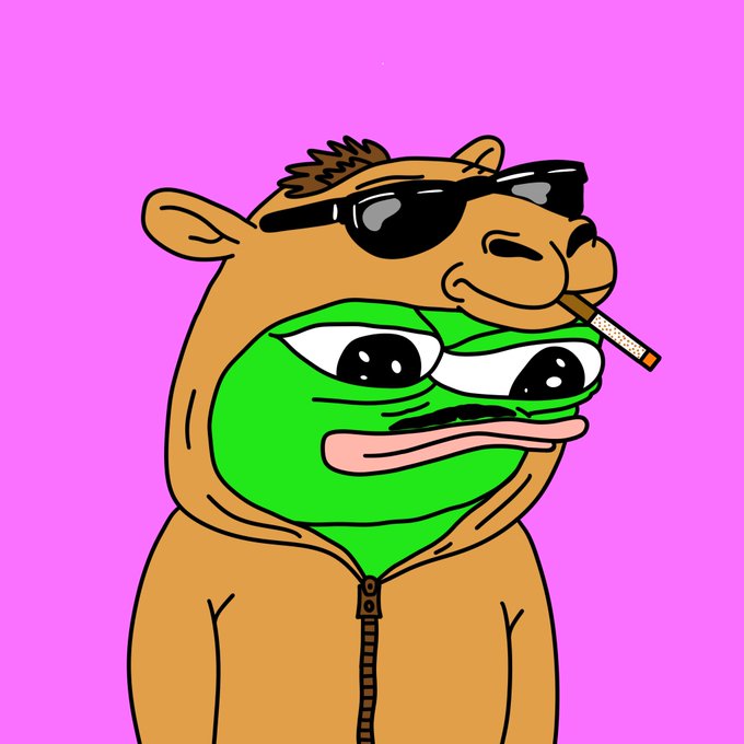 A cartoon illustration of a green Pepe the Frog character wearing a brown bear hoodie, black sunglasses, and smoking a cigarette against a bright pink background.