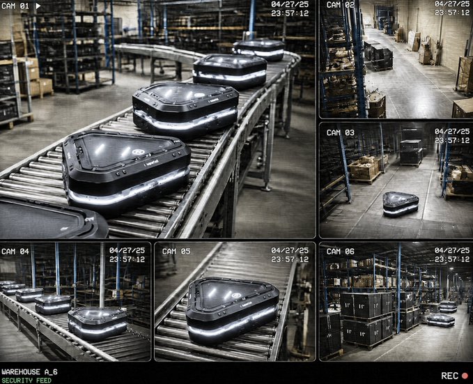 A multi-camera security feed showing automated black robots navigating warehouse conveyor systems, with timestamps reading '04/27/25 23:57:12' and labels 'WAREHOUSE A_6' and 'SECURITY FEED'.