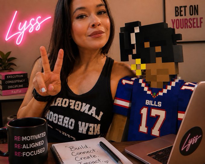 A woman wearing a 'Lancer New Breed' tank top and Bills #17 jersey poses with a peace sign beside a pixelated figure, with a 'Lyss' neon sign, a 'Bet on yourself' poster, and a mug reading 'Re:Motivated Re:Aligned Re:Focused' in the background.