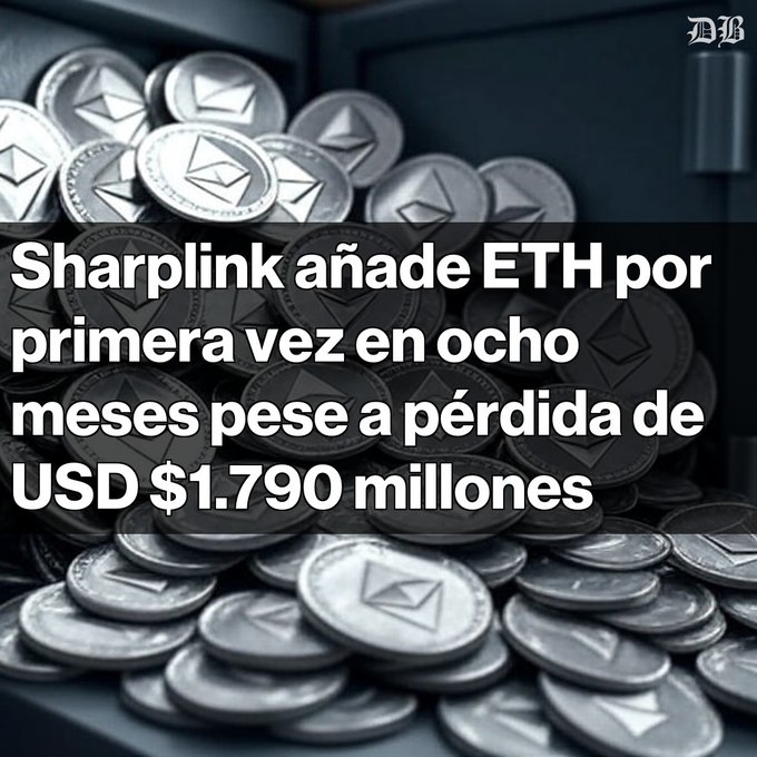 A pile of silver Ethereum (ETH) coins fills a dark vault, with overlaid Spanish text reading "Sharplink añade ETH por primera vez en ocho meses pese a pérdida de USD $1.790 millones," highlighting SharpLink's first ETH acquisition in eight months despite $1.79 billion in unrealized losses at an average cost of $3,609 per ETH.