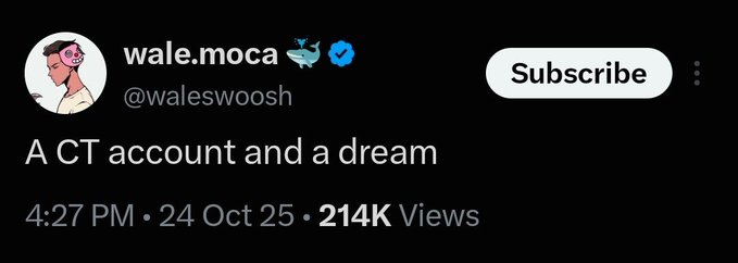 A X/Twitter post by 'wale.moca' (@waleswoosh) reading 'A CT account and a dream' with 214K views from October 24, 2025.