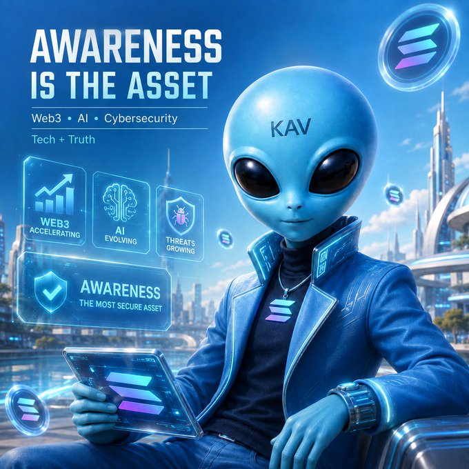 A futuristic promotional poster featuring a blue alien figure labeled 'KAV' holding a tablet, with text reading 'AWARENESS IS THE ASSET', 'Web3 • AI • Cybersecurity', and 'Tech + Truth'. The background shows a high-tech city with floating Solana logos and informational panels stating 'WEB3 ACCELERATING', 'AI EVOLVING', 'THREATS GROWING', and 'AWARENESS THE MOST SECURE ASSET'.