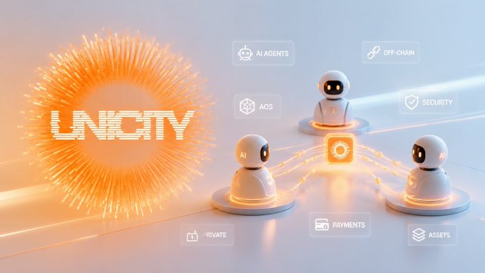 A glowing orange "UNICITY" logo radiates on the left, while three AI-powered robots are connected by energy lines to a central hub, surrounded by feature icons including "AI AGENTS," "AOS," "OFF-CHAIN," "SECURITY," "PAYMENTS," "ASSETS," and "PRIVATE." The image visually represents Unicity's solution for enabling scalable AI agent transactions by allowing agents to hold assets independently and settle off-chain, avoiding the bottlenecks of shared blockchains.