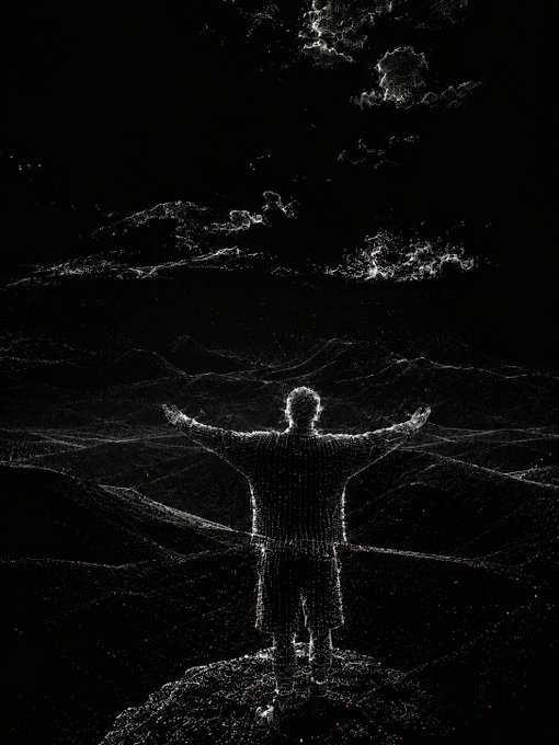 A wireframe-style pointillist illustration shows a figure with outstretched arms standing on a mountain peak, silhouetted against a starry night sky with illuminated clouds and a distant mountain range.