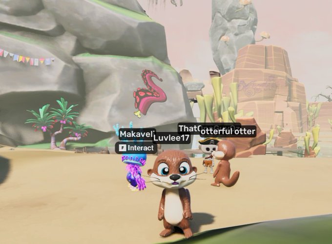 A video game screenshot shows cartoon otter characters in a sandy desert environment with player names 'Makavel', 'Luvlee17', and 'ThatOtterfulOtter' displayed.