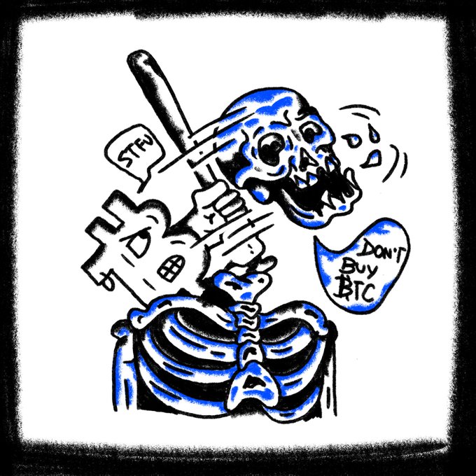 A black and blue cartoon illustration of a skeleton wearing a VR headset with speech bubbles reading 'STFU' and 'DON'T BUY BTC'.