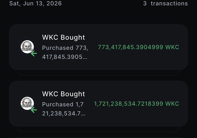The image displays a screenshot of a cellphone screen that shows two transactions for "WCK bought" on a screen with black, white, green and gray colors. The text indicates that this purchase was made on Friday, March 13, 2026, for $77,845.39. A total of three transactions have been added to the spreadsheet for these purchases, displaying information about two sellers and their respective amounts spent.