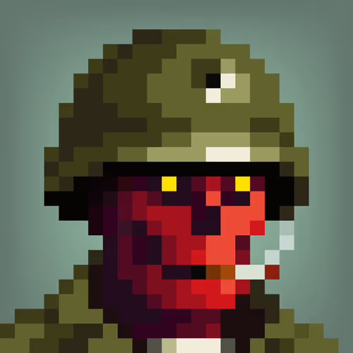 A pixel art illustration of a character wearing a green military helmet with a red, grinning face.