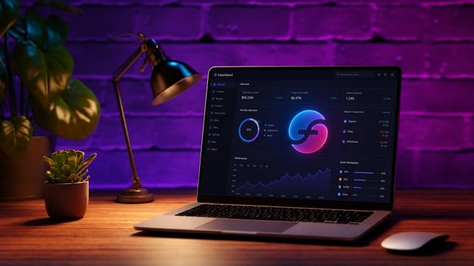 A laptop displays a dark-themed trading dashboard with charts and metrics, set on a wooden desk against a purple-lit brick wall with a desk lamp and plant. The post's message about trading pitfalls aligns with the image's theme of active market monitoring, illustrating the kind of 1-minute chart monitoring where slippage can outpace a trader's reaction time.