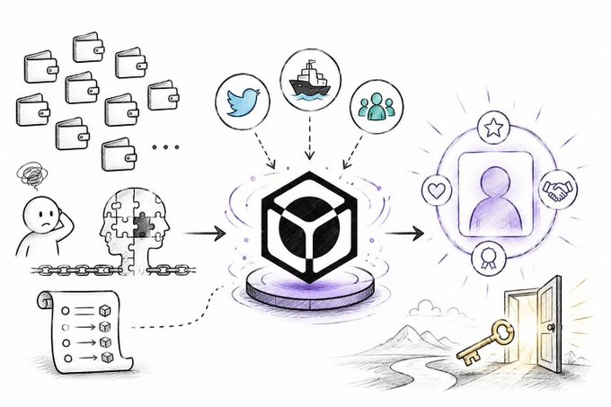 A hand-drawn illustration depicting the flow of user data and identity, showing wallets, a confused person, a chained mind, and social icons (Twitter, ship, people) feeding into a central 3D cube/platform that outputs a user profile with a star, heart, handshake, and ribbon, alongside a key opening a door to a landscape.