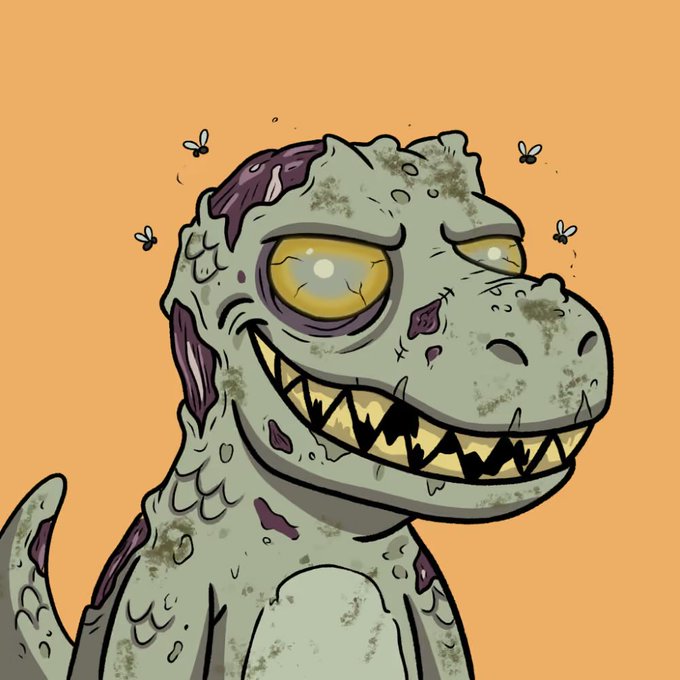 A cartoon zombie T-Rex with sharp yellow teeth and purple wounds smiles mischievously while flies buzz around its decaying gray-green head against an orange background.