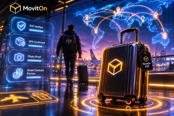 A promotional graphic for 'MovitOn' featuring a traveler with a smart luggage tag, displaying features like KYC Verified, GPS Confirmed, Photo Proof, and Smart Contract Escrow against a world map.