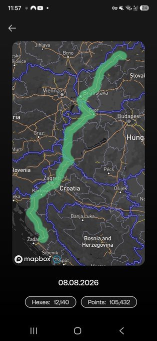 A Mapbox screenshot from the WorldMobile app displays a user's mapping route traced through multiple countries including Slovakia, Hungary, Croatia, and Bosnia and Herzegovina, with stats showing 12,140 hexes scanned and 105,432 points earned on 08.08.2026, illustrating the achievement mentioned in the Scan Saturday post.