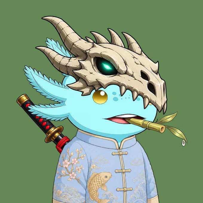 A cartoon illustration shows a blue creature wearing a dragon skull mask and a traditional blue Chinese jacket with gold koi embroidery, holding a katana in its mouth.