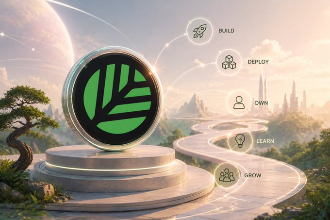 A futuristic promotional graphic featuring a circular green emblem on a pedestal in a fantasy landscape, with five connected icons labeled BUILD, DEPLOY, OWN, LEARN, and GROW suggesting a tech or blockchain platform.