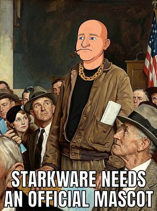 A bald cartoon mascot wearing a gold chain and smoking a pipe is photoshopped into a vintage Norman Rockwell-style painting of an American courtroom or town hall scene, with the caption "STARKWARE NEEDS AN OFFICIAL MASCOT" overlaid at the bottom. The post's message "Some things need to be said" humorously justifies the bold suggestion by depicting the character as a serious, dignified figure worthy of being StarkWare's official mascot.