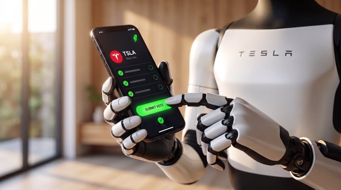 A Tesla Optimus humanoid robot holds a smartphone displaying a "Submit Vote" button for tokenized TSLA stock, visually representing the intersection of AI robotics and shareholder democracy on the blockchain.