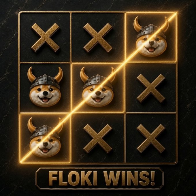 A tic-tac-toe style game board on dark marble with Floki dog faces wearing Viking helmets forming a winning diagonal line highlighted in glowing gold, with X symbols in the other squares and a banner below reading 'FLOKI WINS!'.
