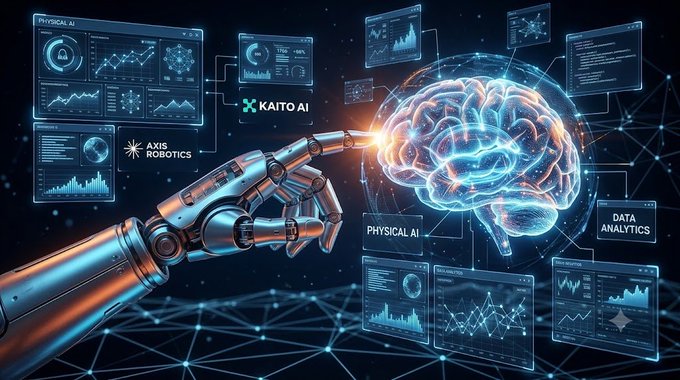 A digital illustration shows a metallic robotic hand reaching toward a glowing brain hologram, surrounded by data analytics panels with text including "KAITO AI" and "AXIS ROBOTICS".