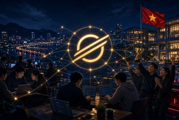 An illustrated scene of a group of young people celebrating with a trophy and laptops near a waterfront city at night, with a large glowing Stellar (XLM) logo overlaid and a Vietnamese flag flying in the background.