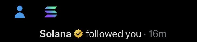 A notification showing that "Solana" has followed the user, with a checkmark beside the name. The post expresses excitement about the Solana follow and being featured in a video for an upcoming Breakpoint event.

Caption: A social media notification showing that Solana has followed the user, paired with excitement about being featured in a video for Breakpoint.