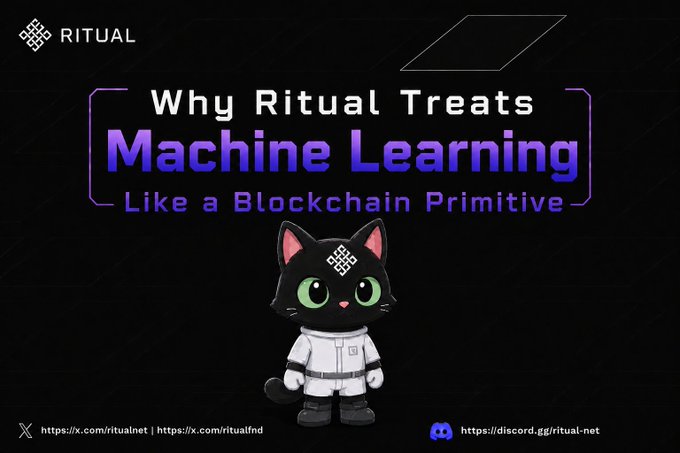 A promotional graphic for 'RITUAL' titled 'Why Ritual Treats Machine Learning Like a Blockchain Primitive,' featuring a black cat mascot in a lab coat.