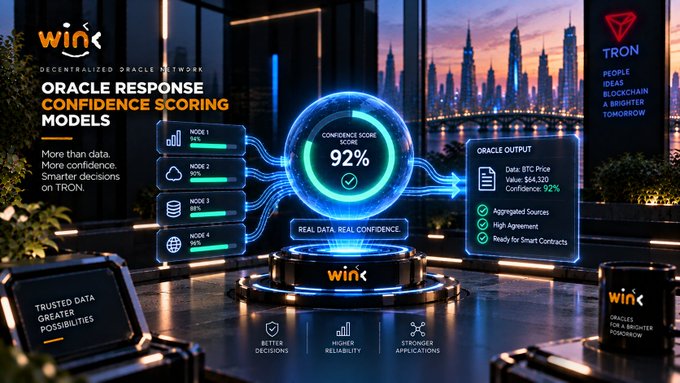 A promotional graphic for 'WIN' decentralized oracle network highlights 'Oracle Response Confidence Scoring Models' with a futuristic cityscape backdrop, displaying a 92% confidence score, node connections, and BTC Oracle Output at $64,320 with 92% confidence.