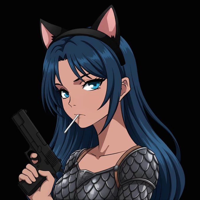 An anime-style illustration of a blue-haired girl with cat ears, armor, and a cigarette in her mouth, holding a pistol. It appears to be the profile picture or artwork associated with Shiki Studios, referenced in the post announcing an onboarding collaboration.