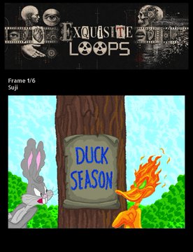 A dark-themed slot machine game screenshot titled 'EXQUISITE LOOPS' showing Frame 1/6, '5oji', with a cartoon image of Bugs Bunny and a flame character flanking a scroll that reads 'DUCK SEASON' in blue letters.