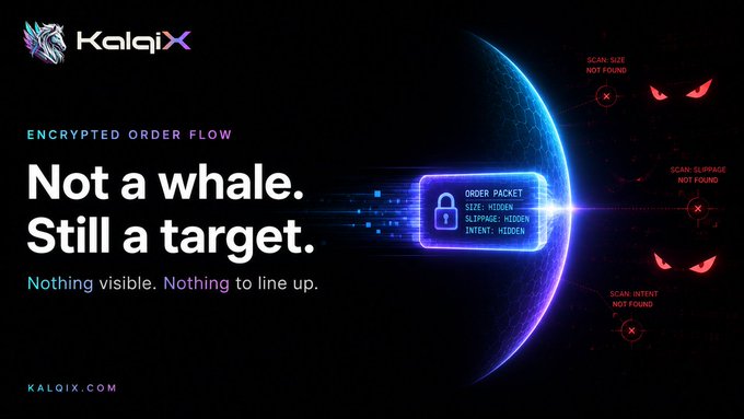 A dark futuristic promotional graphic for KalqiX displaying a glowing Earth-like sphere surrounded by "SCAN: SIZE NOT FOUND," "SCAN: SLIPPAGE NOT FOUND," and "SCAN: INTENT NOT FOUND" warnings with red targeting eyes, alongside an "ORDER PACKET" lock icon showing "SIZE: HIDDEN, SLIPPAGE: HIDDEN, INTENT: HIDDEN." The text reads "ENCRYPTED ORDER FLOW — Not a whale. Still a target. Nothing visible. Nothing to line up." with "KALQIX.COM" at the bottom, visually reinforcing the message that KalqiX's encryption hides these key order details so bots cannot identify and sandwich small traders.