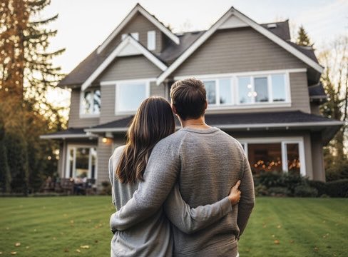 A couple stands outside a house, embracing each other with arms around one another. The man wears a gray sweater while the woman has long brown hair. They are looking at their home, which appears to be a two-story house with a gray roof. In front of them is a tree and a bench. A post on this image reads "A Michigan couple just became the first Americans to use Bitcoin to secure a standard U.S. mortgage without selling their coins."