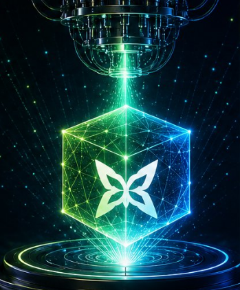 The image features a 3D rendering of a cube that has been illuminated by a green laser beam. The cube is adorned with a white butterfly design at its center. The background of the image is dark, creating a stark contrast between the illuminated cube and the surrounding darkness. In the bottom right corner of the image, there's text that reads "What makes Quip interesting to me isn't the strategy sharing itself. It’s the fact that the platform quietly exposes who actually understands momentum..."