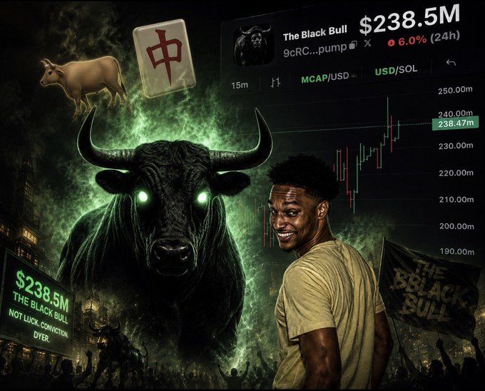 A promotional graphic for 'The Black Bull' token shows a market cap of $238.5M with a 6.0% drop in 24h, featuring a glowing-eyed bull, a Mahjong tile, and a smiling man in a green shirt.