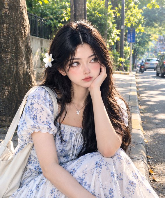 A young woman with long dark hair, wearing a white and blue floral dress and a small white flower in her hair, sits outdoors resting her chin on her hand.