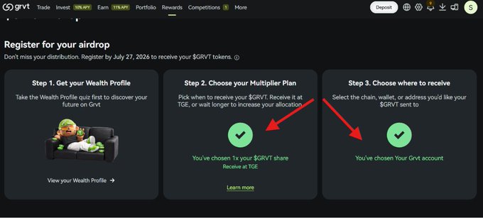 The Grvt exchange airdrop registration page showing a 3-step process for $GRVT tokens, with red arrows pointing to the user's selections: 1x multiplier and Grvt account option.