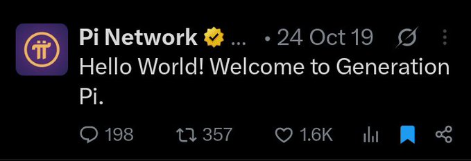 The image shows a tweet from the verified "Pi Network" account dated October 24, 2019, with the text "Hello World! Welcome to Generation Pi," which has 198 replies, 357 retweets, 1.6K likes, and a bookmark. The accompanying post references this foundational tweet from the @PiCoreTeam as the moment Pi Network was launched as a "generational movement" rather than a get-rich-quick scheme, highlighting how the 2019 welcome message planted the seed for what Pi has become.