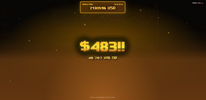 A screenshot from Valorant displaying 'WEEKLY PEAK: 2130596 USD' and '48,282 VALOR' with the text '$483!!' prominently shown in the center.