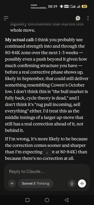 A screenshot of a text conversation discussing crypto market predictions, mentioning terms like 'liquidity mechanism,' '80-84K zone,' 'bull market,' 'cycle theory,' and 'Cowen's October low,' with a time stamp of 08:39.