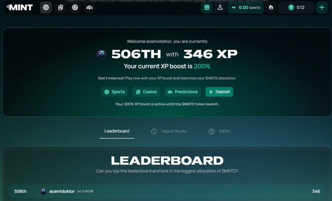 The MINT platform dashboard for user 'acemidoktor' displays '506th' rank with 346 XP, a 200% XP boost, and a leaderboard section for $MNTD token allocations.