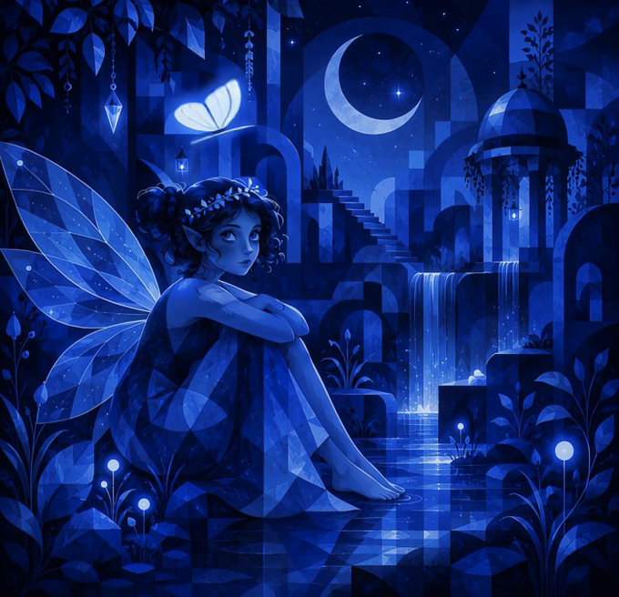 Blue-toned fantasy illustration of a fairy with crystalline wings sitting by a pool under a crescent moon, with a butterfly nearby and a castle in the background.