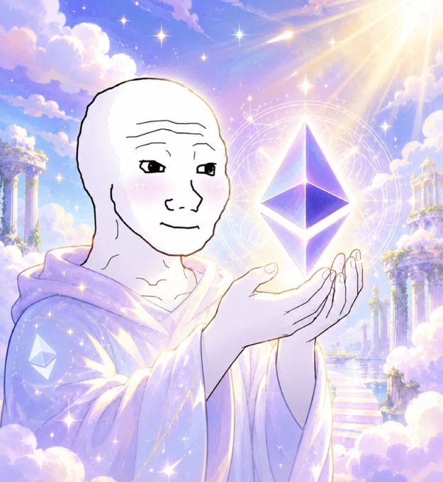 A bald Wojak in flowing purple robes cradles a glowing Ethereum logo amid heavenly clouds and classical ruins, depicting the character as a divine savior of ETH. The image is paired with a post declaring $WOJAK the "main meme runner" on $ETH this cycle, framing the token as a spiritually blessed, ether-inspired play.