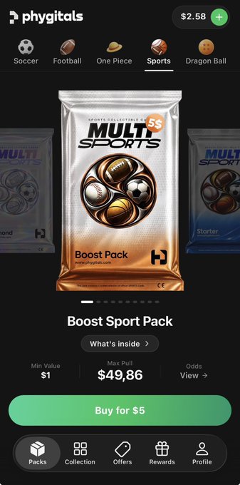 Mobile app screen for "phygitals" showing a "Boost Sport Pack" from the Multi-Sports collection, priced at $5 with a max pull value of $49.86, displayed under the Sports category.