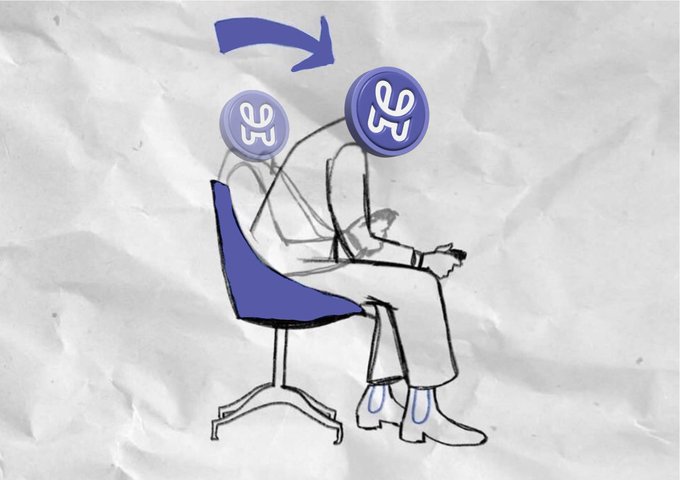 Crumbled paper-style illustration showing two figures sitting on chairs with dollar sign and currency symbol coins as heads, with an arrow indicating a change or swap between them.