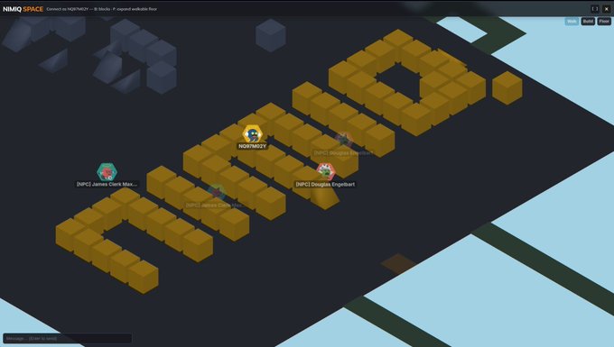 The image displays the NIMIQ SPACE interactive island where users connect to NIMIQ2 blocks, with usernames like "James Clark Mar..." and "Douglas Engelbart" visible above character figures placed on the orange blocks, reflecting the collaborative "keep building" theme of the NIMIQ blockchain space community.