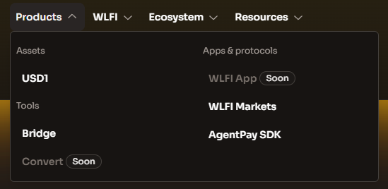 A dark-themed website navigation menu showing 'Products', 'WLFI', 'Ecosystem', and 'Resources' dropdowns, with options like 'USD1', 'Bridge', 'WLFI App', and 'WLFI Markets'.
