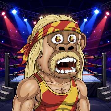A cartoon character of an ape dressed as the wrestler Hulk Hogan, featuring a blonde wig, red bandana, yellow and red outfit, and an open-mouthed expression, stands in a wrestling ring. The image ties to the post by depicting "Ape Hogan," one of the NFT characters referenced in the announcement about the upcoming summer slam LV quest.