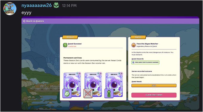 A Discord screenshot showing a 'Quest Success!' notification for 'Face the Abyss Watcher' from 'nyaaaaaaw26', displaying earned rewards and a 100% success bar.