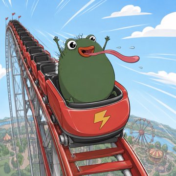 A cartoon green frog character (resembling the "Wassie" or similar meme aesthetic) rides a red roller coaster with a lightning bolt logo, tongue flailing as the coaster crests a steep hill. The image captures the exhilarating thrill of a memecoin ride, fitting the post's discussion about the "Pistacio" coin's early hype and wild momentum among dedicated fans.