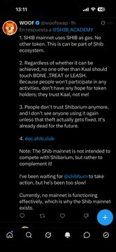 A screenshot of a Twitter post by WOOF (@woofwago) discussing SHIB memecoin ecosystem and the Shibarium mainnet.