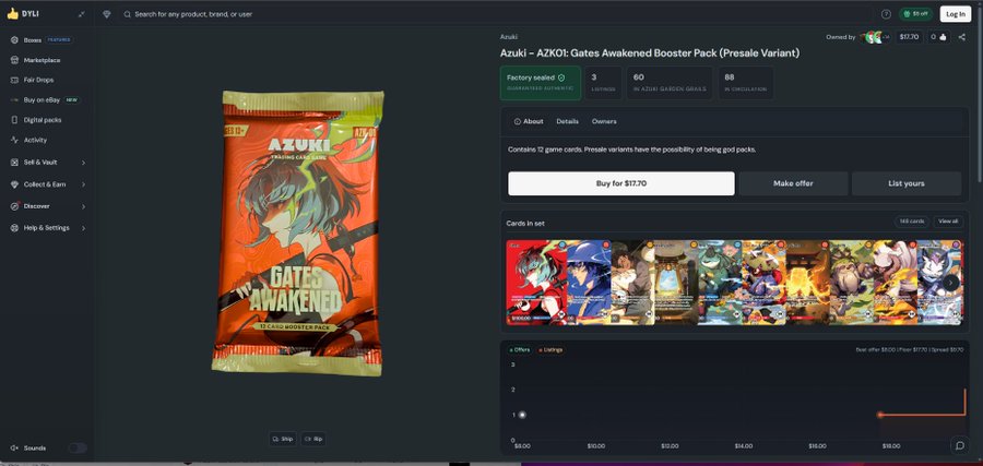 A screenshot of a digital trading card marketplace (BYIU) showing a listing for the 'AZUKI: Gates Awakened Booster Pack (Presale Variant)' priced at $17.70, with a gallery of 112 cards in the set.